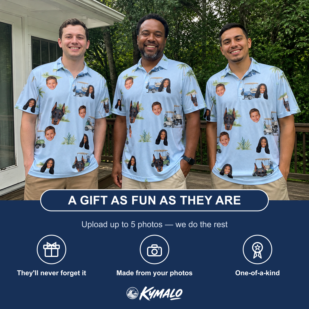 Friends in matching Men's Driver Drifters Custom Face Polo Shirt — a group gift photo