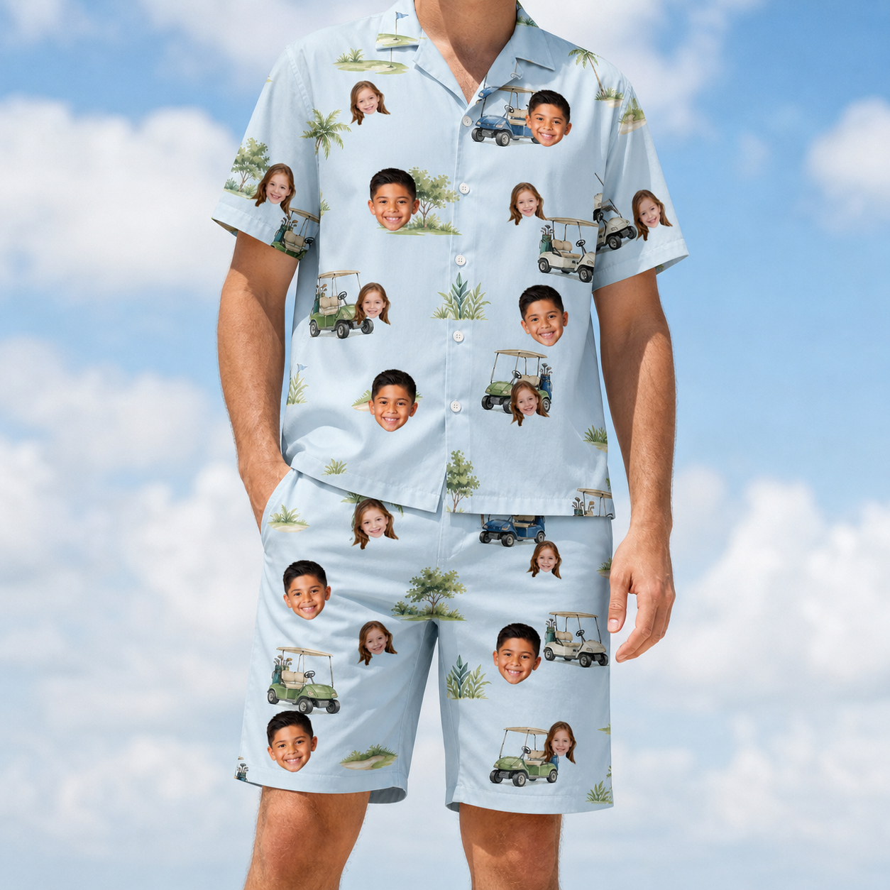 Model wearing Men's Driver Drifters Custom Face Shirt & Shorts Set printed with kids' faces