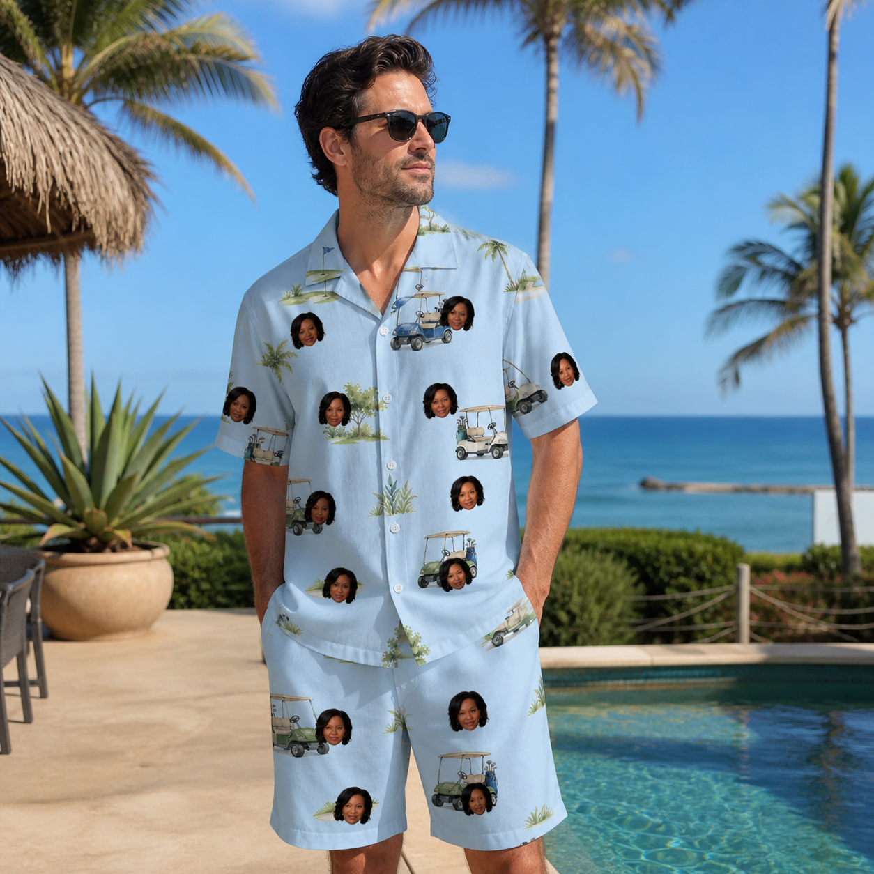 Real-life photo of someone wearing Men's Driver Drifters Custom Face Shirt & Shorts Set — custom faces printed all-over