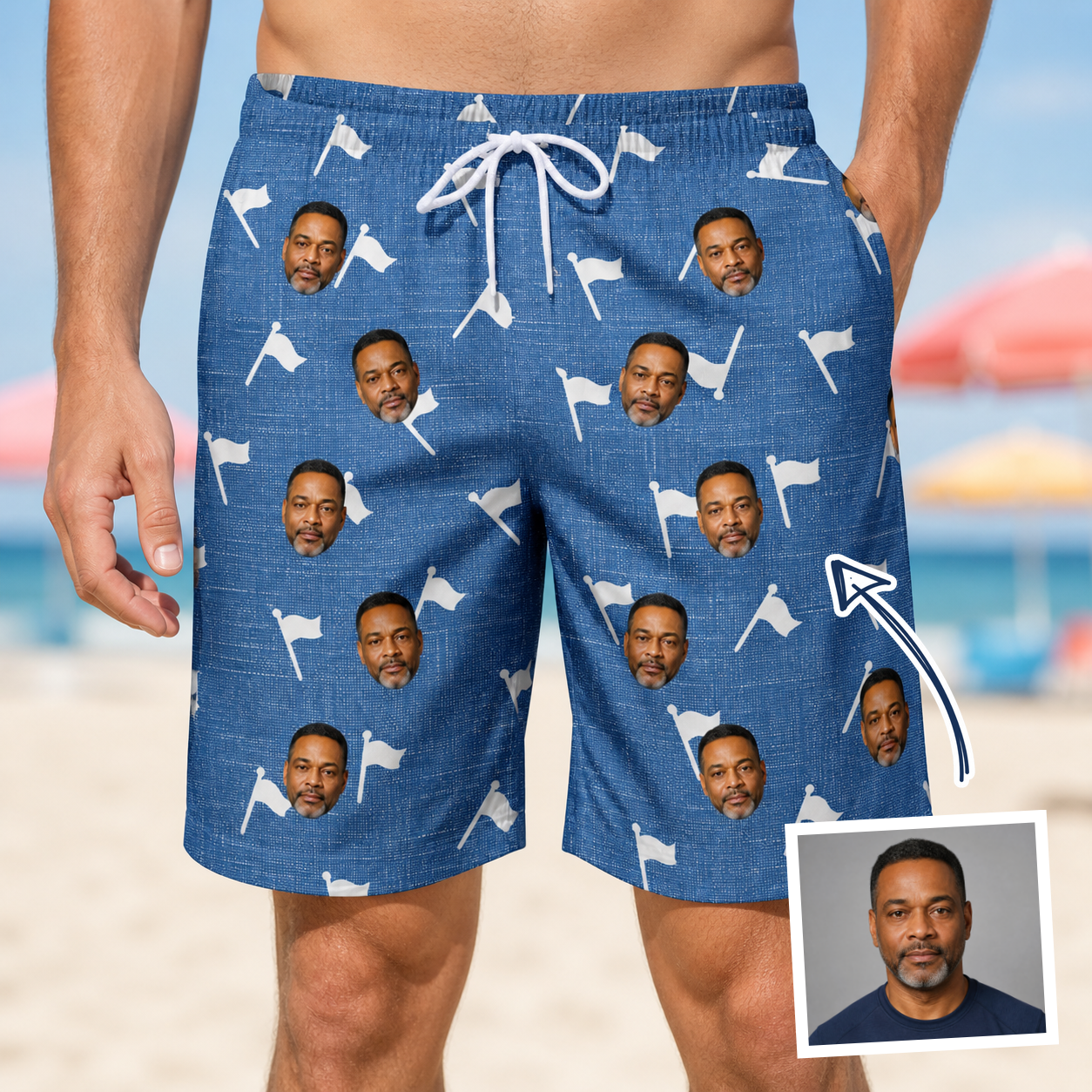 Man wearing Men's Flagstick Fanatics Custom Face Beach Shorts — custom faces printed all-over