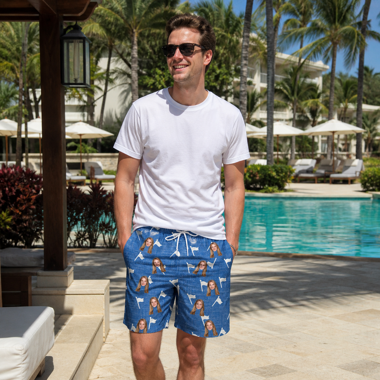 Real-life photo of someone wearing Men's Flagstick Fanatics Custom Face Beach Shorts — custom faces printed all-over