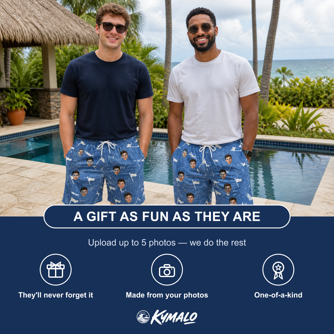 Friends in matching Men's Flagstick Fanatics Custom Face Beach Shorts — a group gift photo