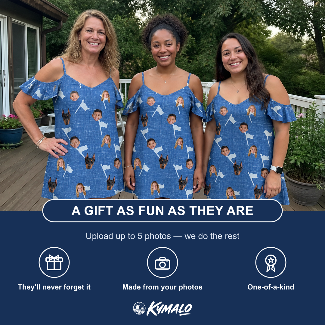Friends in matching Women's Flagstick Fanatics Custom Face Off-Shoulder Dress — a group gift photo