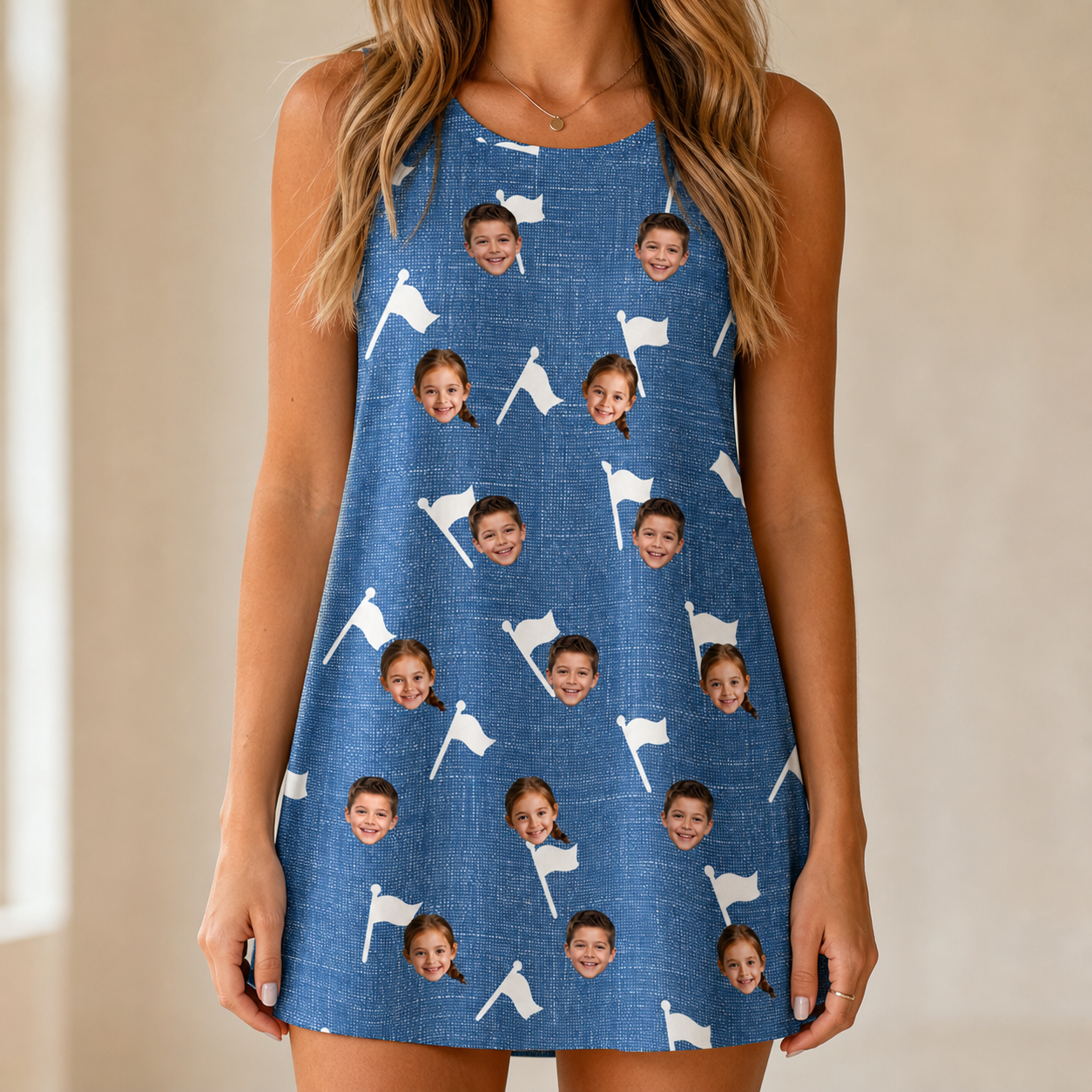 Model wearing Women's Flagstick Fanatics Custom Face Tank Dress printed with kids' faces