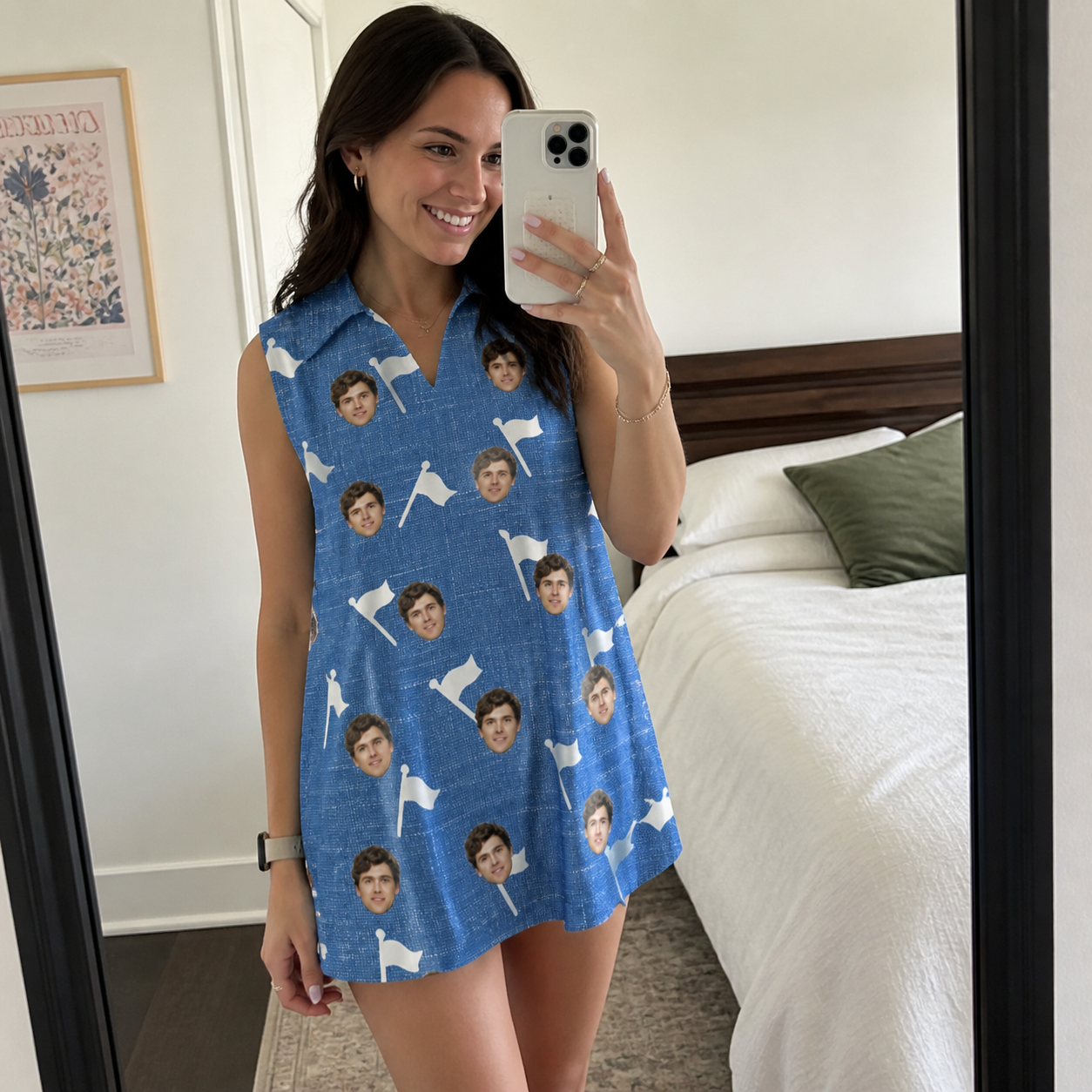 Real-life photo of someone wearing Women's Flagstick Fanatics Custom Face V-Neck Dress — custom faces printed all-over