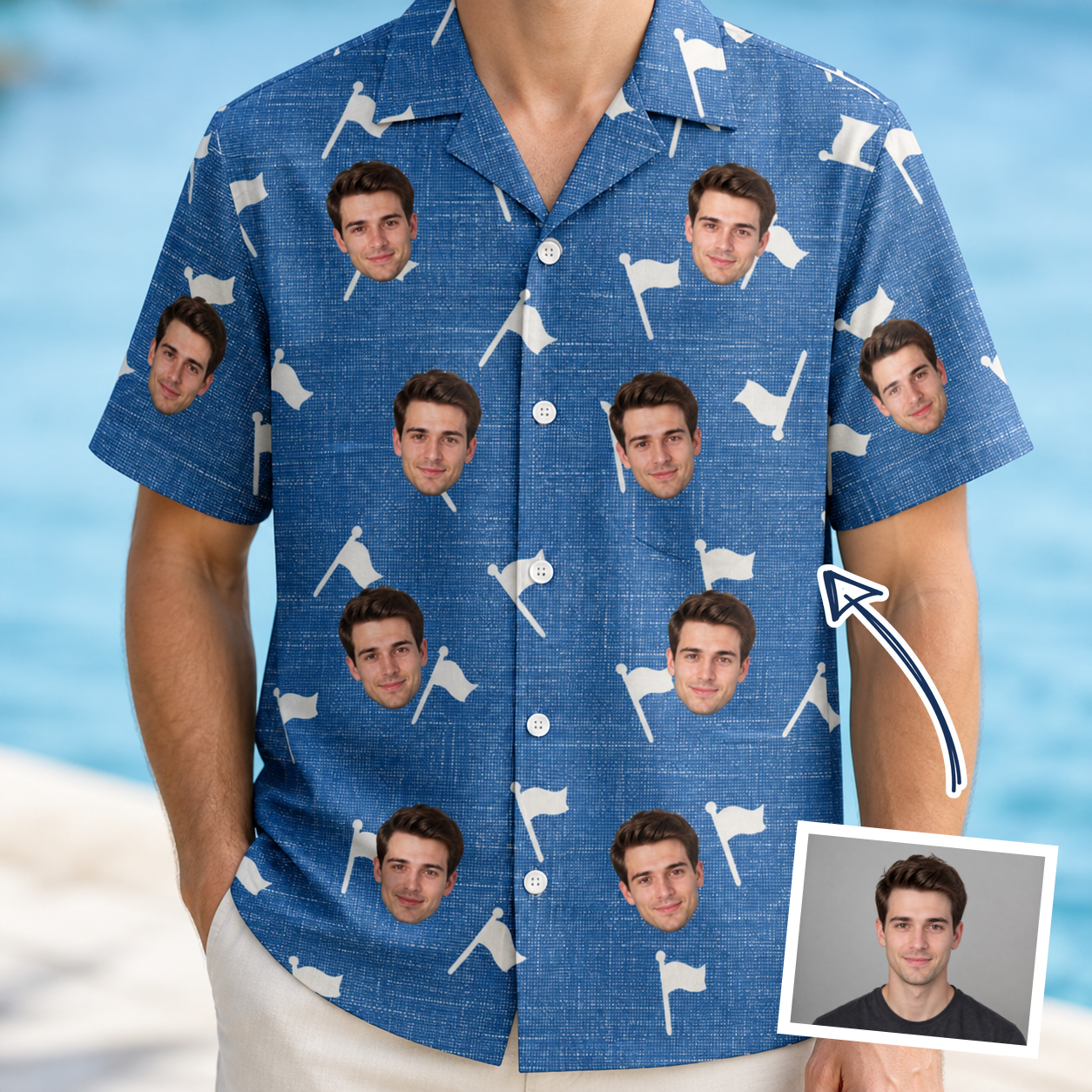Man wearing Men's Flagstick Fanatics Custom Face Hawaiian Shirt — custom faces printed all-over