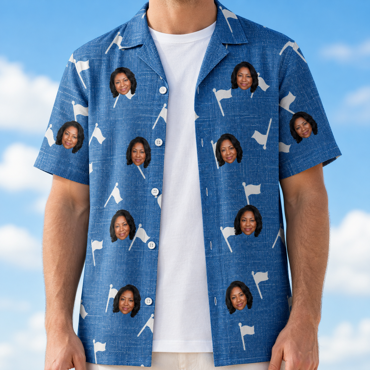 Man wearing Men's Flagstick Fanatics Custom Face Hawaiian Shirt open over a white tee