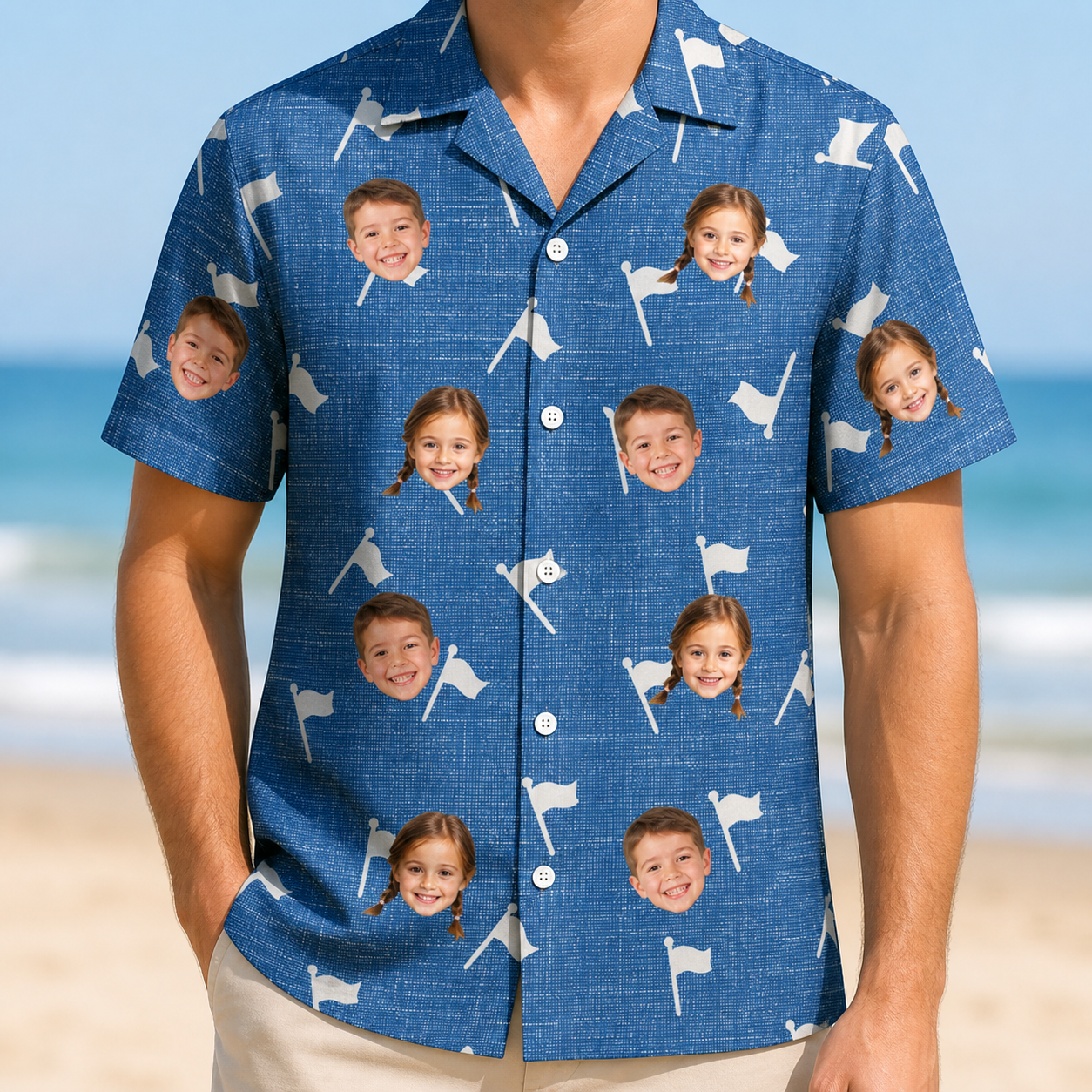 Model wearing Men's Flagstick Fanatics Custom Face Hawaiian Shirt printed with kids' faces