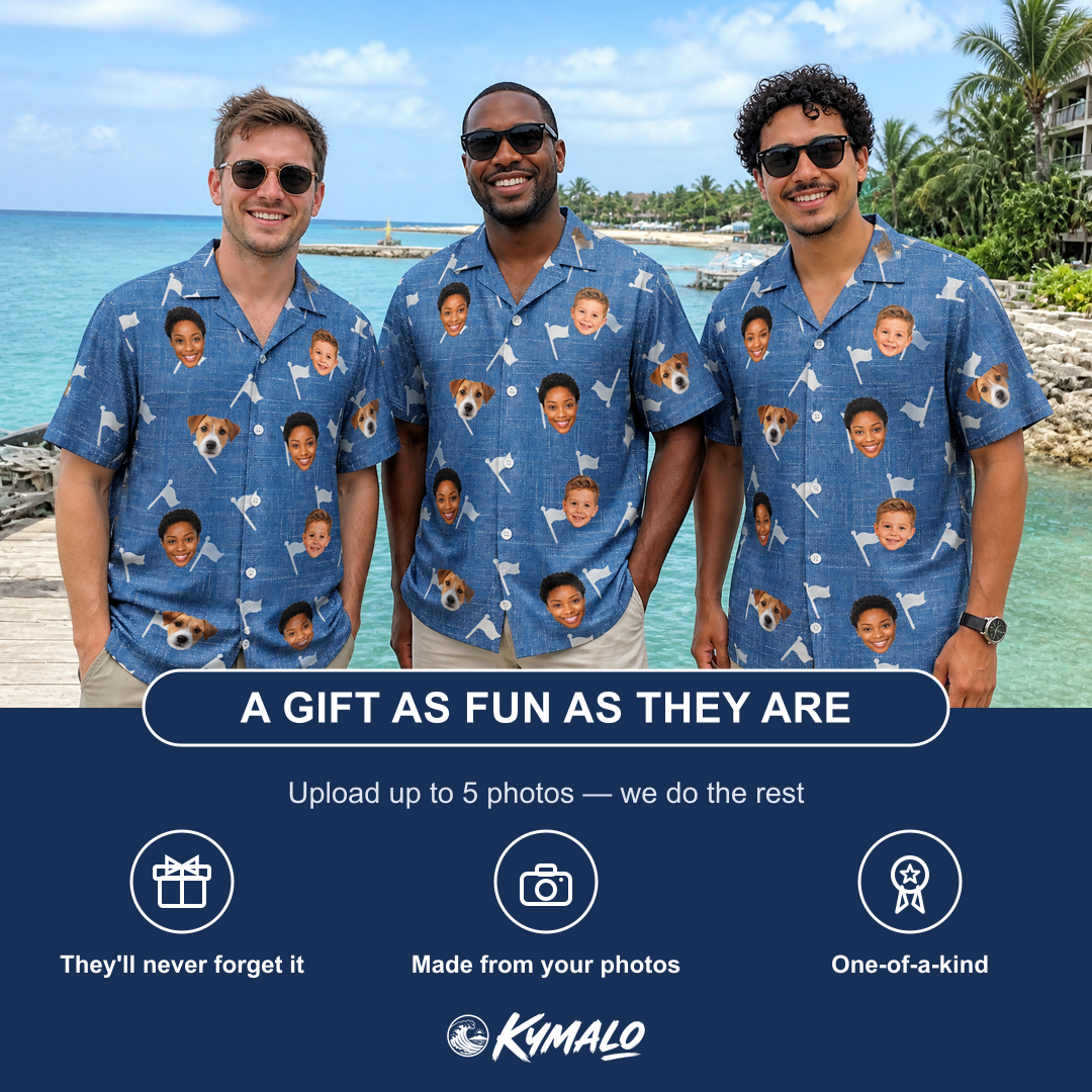 Friends in matching Men's Flagstick Fanatics Custom Face Hawaiian Shirt — a group gift photo