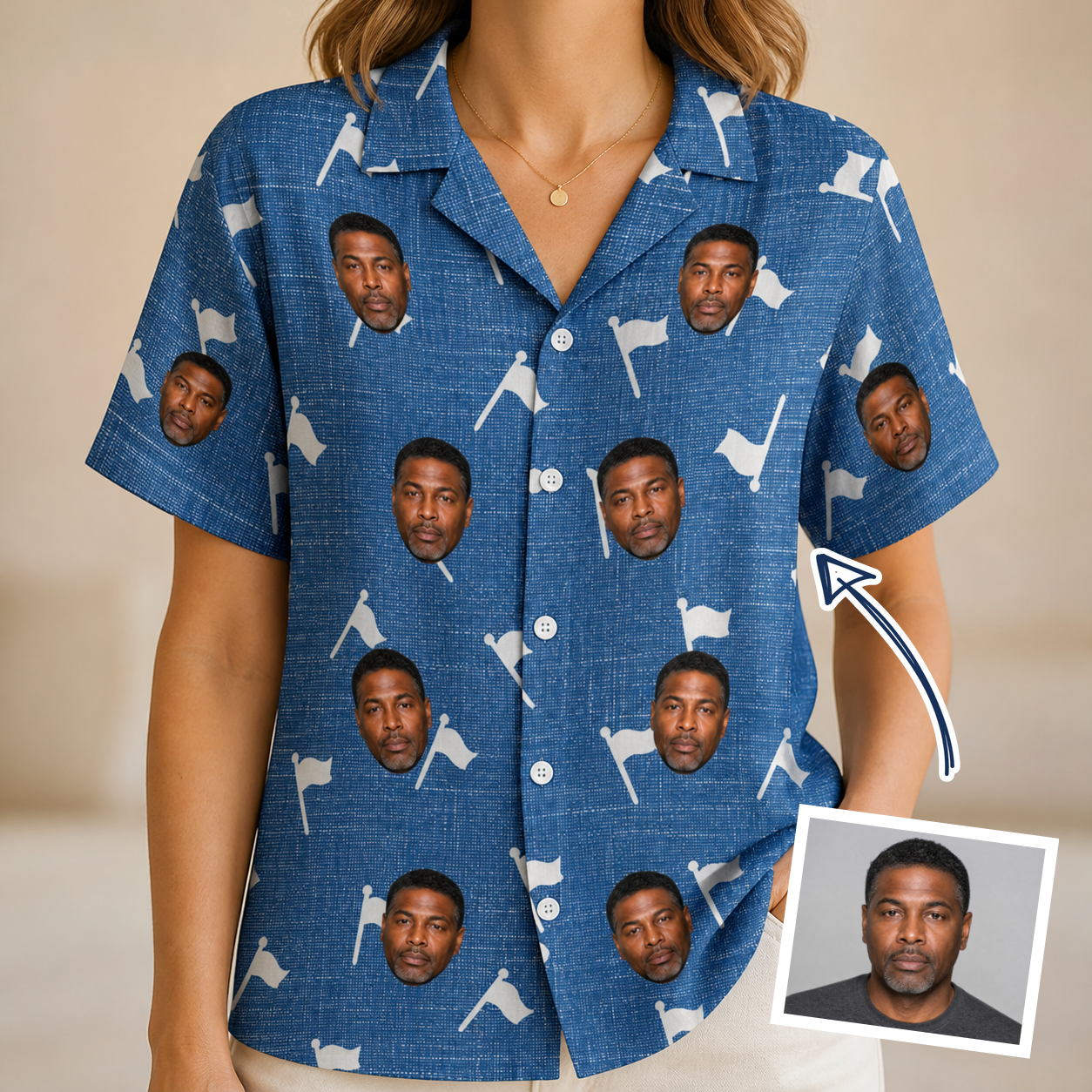 Woman wearing Women's Flagstick Fanatics Custom Face Hawaiian Shirt — custom faces printed all-over