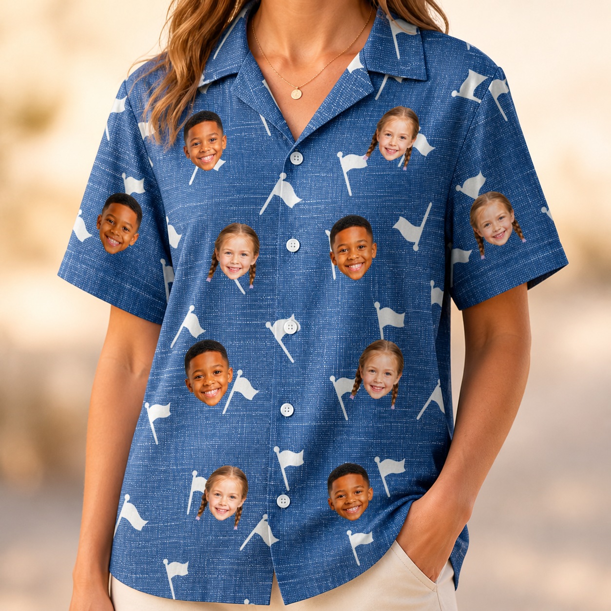 Model wearing Women's Flagstick Fanatics Custom Face Hawaiian Shirt printed with kids' faces