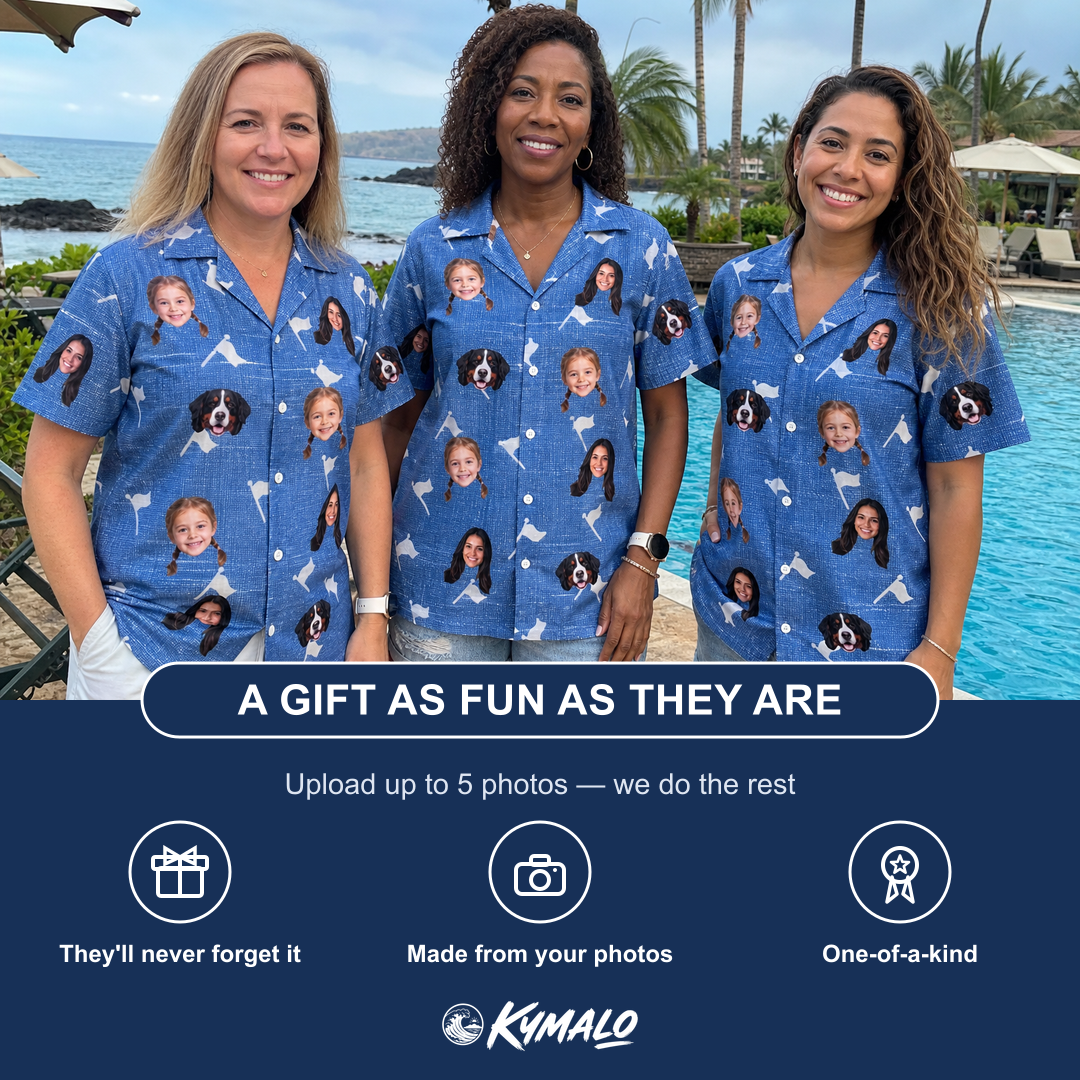 Friends in matching Women's Flagstick Fanatics Custom Face Hawaiian Shirt — a group gift photo