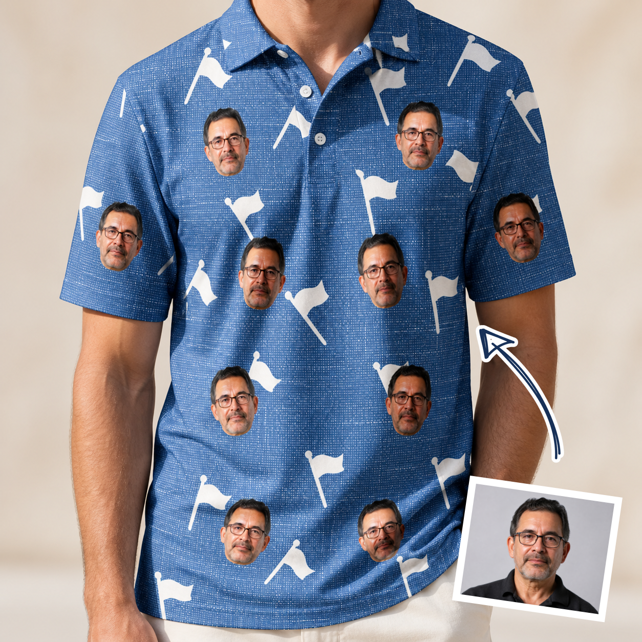 Man wearing Men's Flagstick Fanatics Custom Face Polo Shirt — custom faces printed all-over
