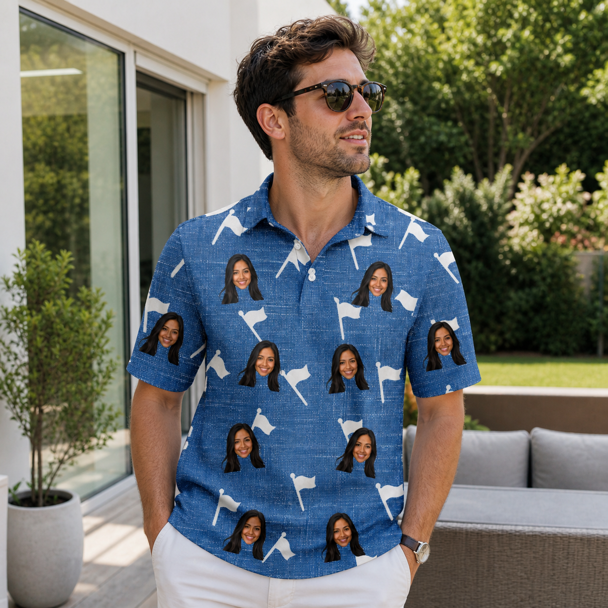 Real-life photo of someone wearing Men's Flagstick Fanatics Custom Face Polo Shirt — custom faces printed all-over