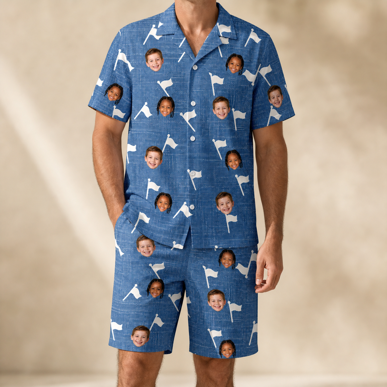 Model wearing Men's Flagstick Fanatics Custom Face Shirt & Shorts Set printed with kids' faces