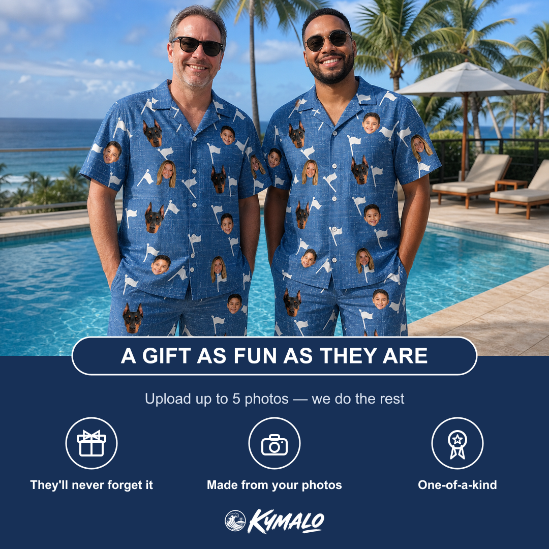 Friends in matching Men's Flagstick Fanatics Custom Face Shirt & Shorts Set — a group gift photo