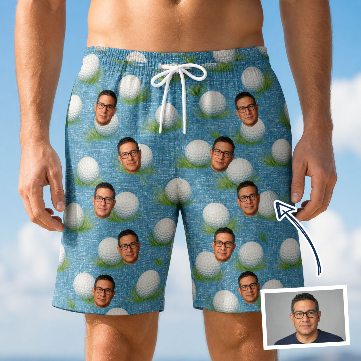 Man wearing Men's Roundabout Rollers Custom Face Beach Shorts — custom faces printed all-over
