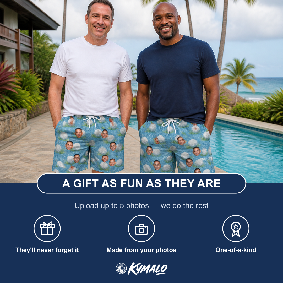 Friends in matching Men's Roundabout Rollers Custom Face Beach Shorts — a group gift photo