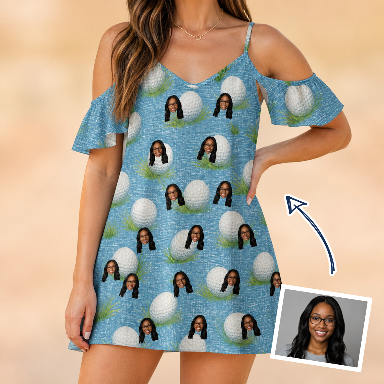 Woman wearing Women's Roundabout Rollers Custom Face Off-Shoulder Dress — custom faces printed all-over