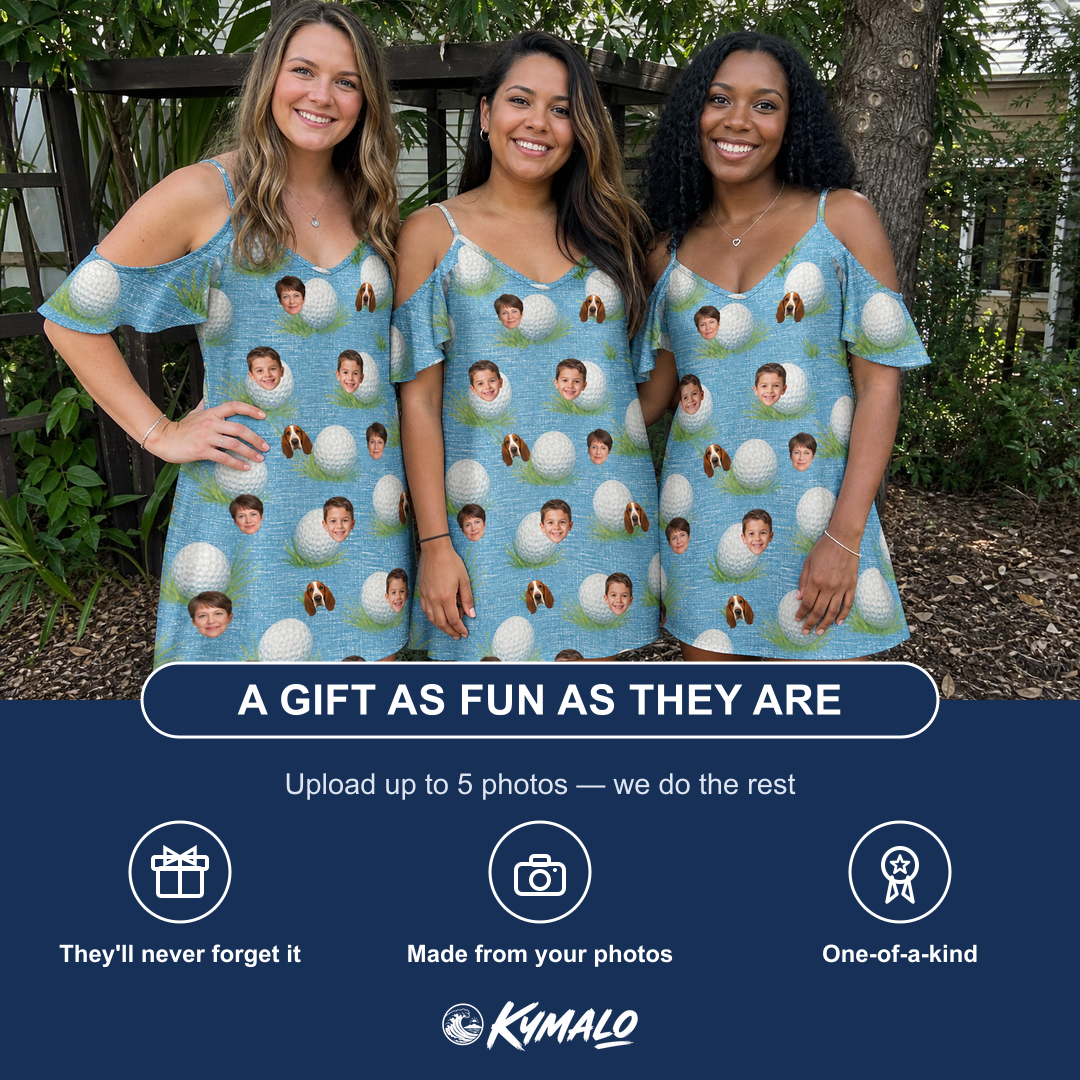 Friends in matching Women's Roundabout Rollers Custom Face Off-Shoulder Dress — a group gift photo