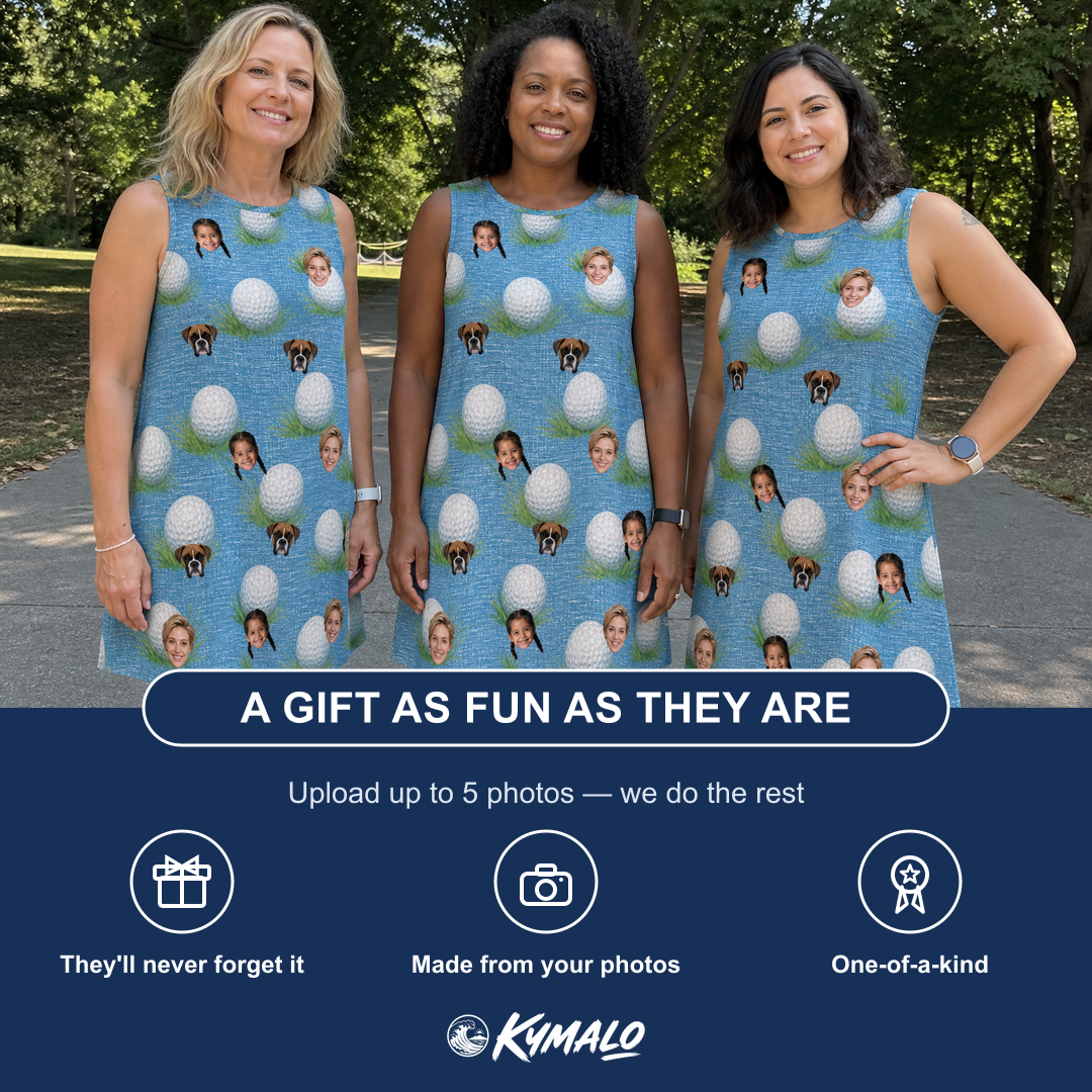 Friends in matching Women's Roundabout Rollers Custom Face Tank Dress — a group gift photo