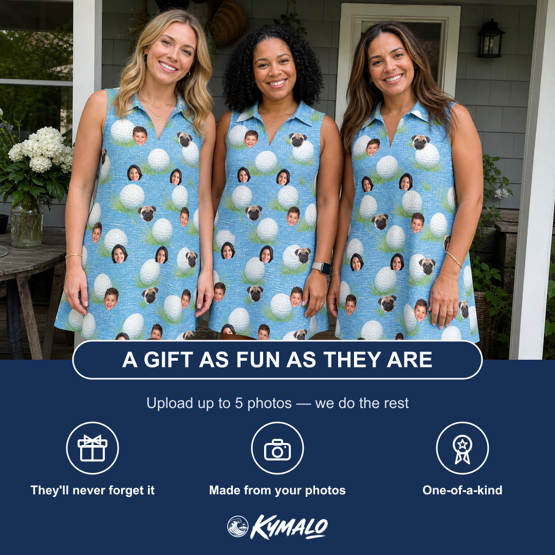 Friends in matching Women's Roundabout Rollers Custom Face V-Neck Dress — a group gift photo