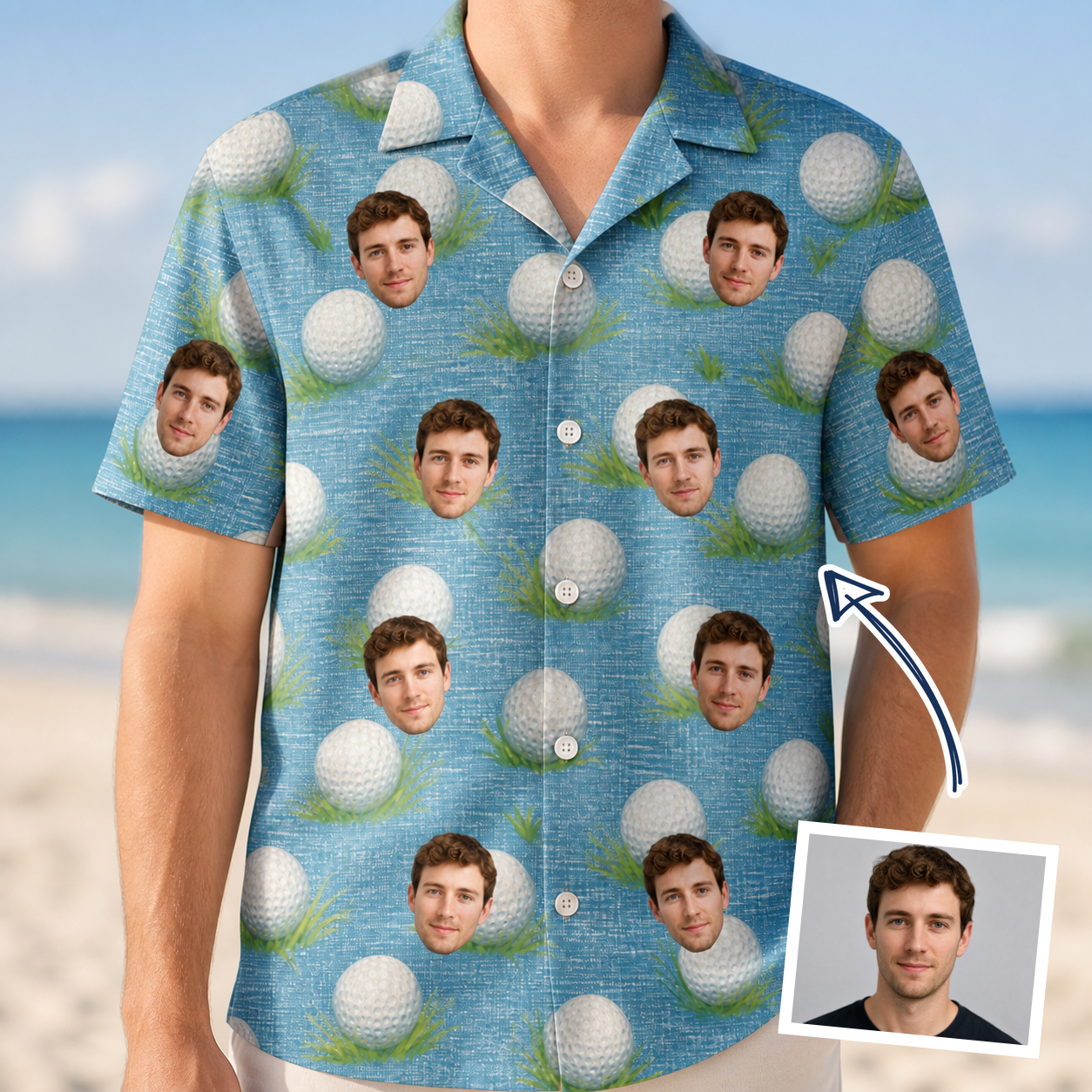 Man wearing Men's Roundabout Rollers Custom Face Hawaiian Shirt — custom faces printed all-over