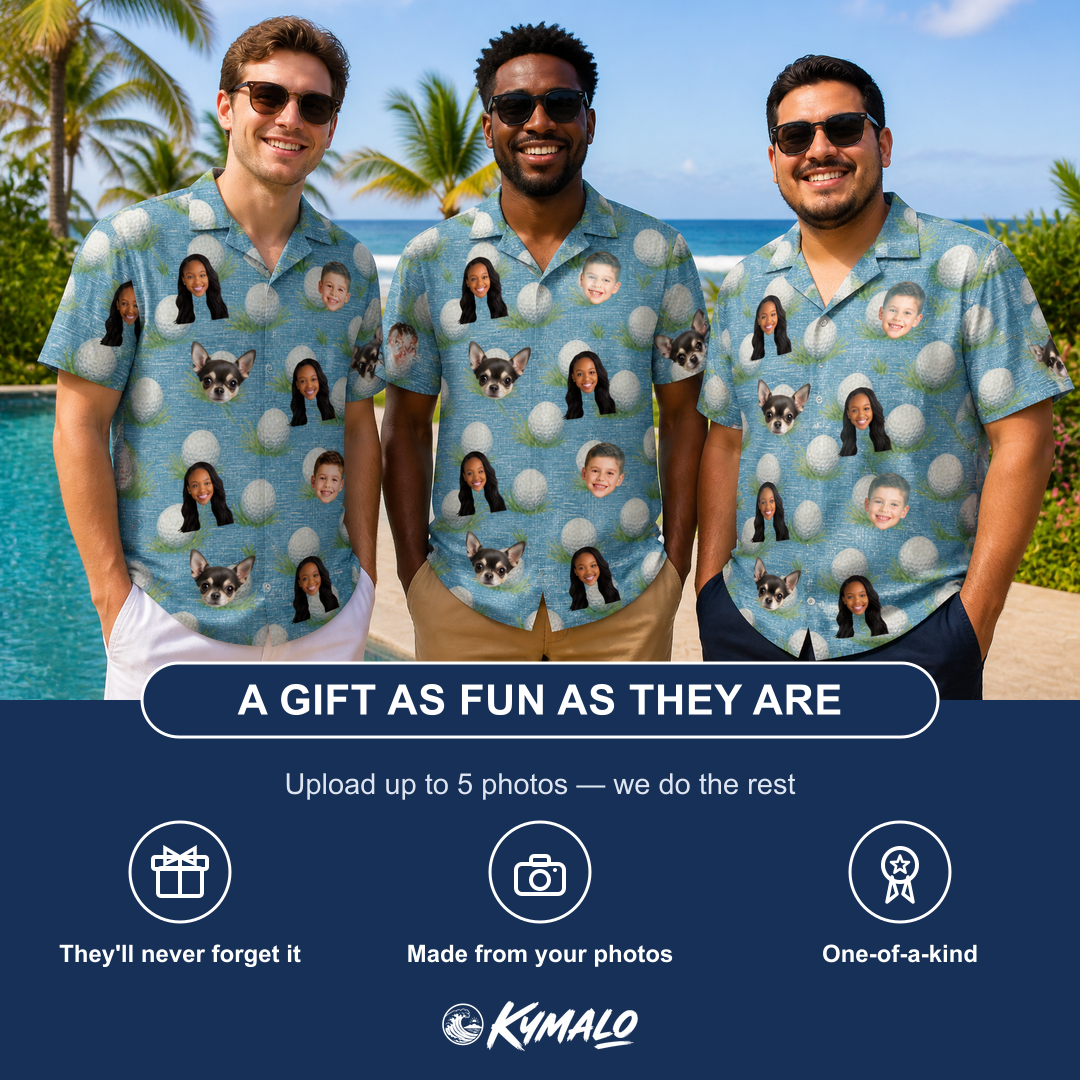 Friends in matching Men's Roundabout Rollers Custom Face Hawaiian Shirt — a group gift photo