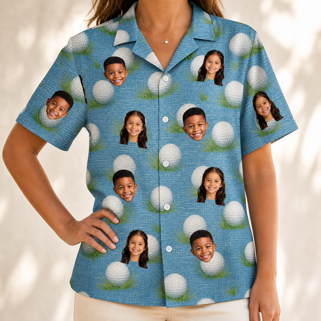 Model wearing Women's Roundabout Rollers Custom Face Hawaiian Shirt printed with kids' faces