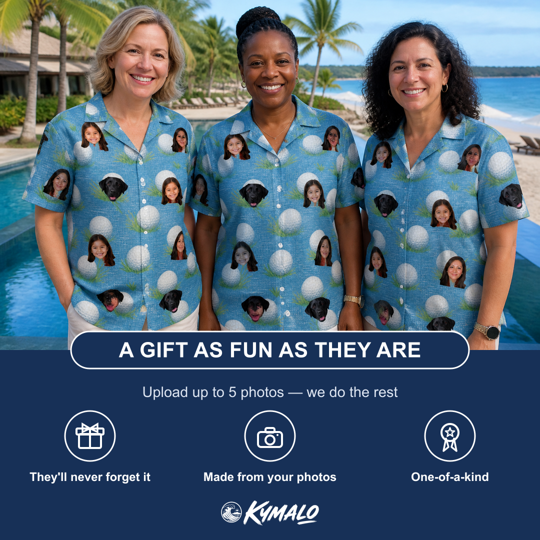 Friends in matching Women's Roundabout Rollers Custom Face Hawaiian Shirt — a group gift photo
