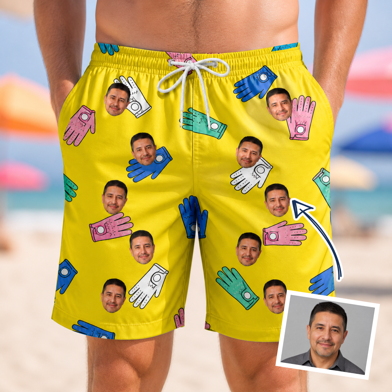 Man wearing Men's Mighty Mitts Custom Face Beach Shorts — custom faces printed all-over