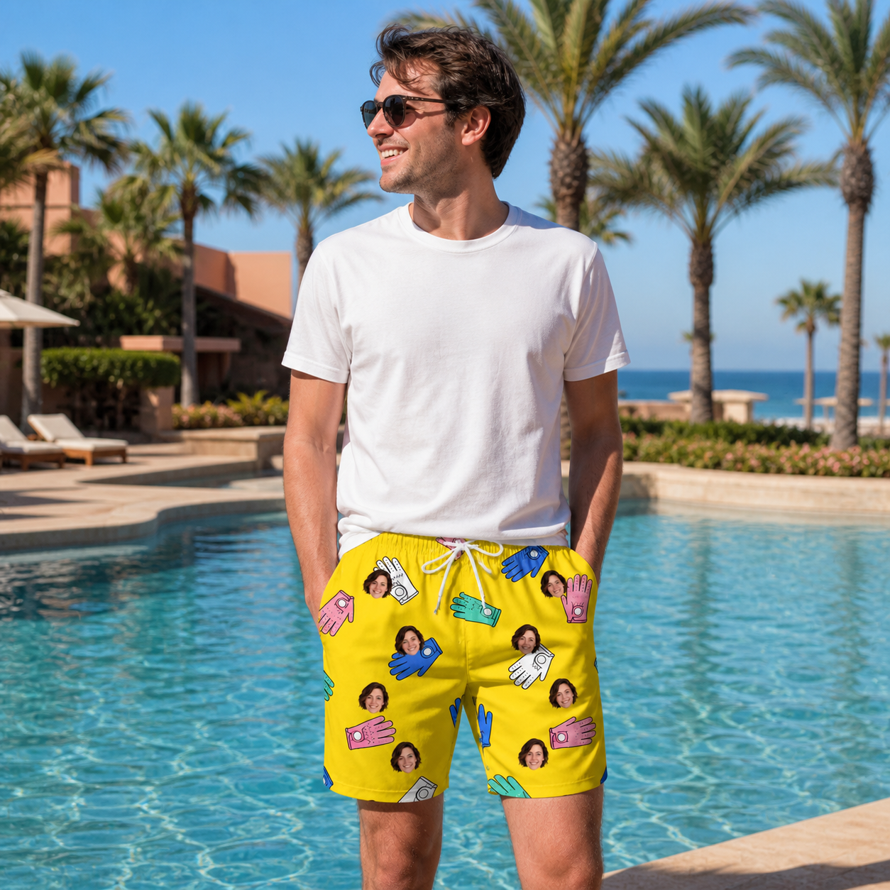 Real-life photo of someone wearing Men's Mighty Mitts Custom Face Beach Shorts — custom faces printed all-over