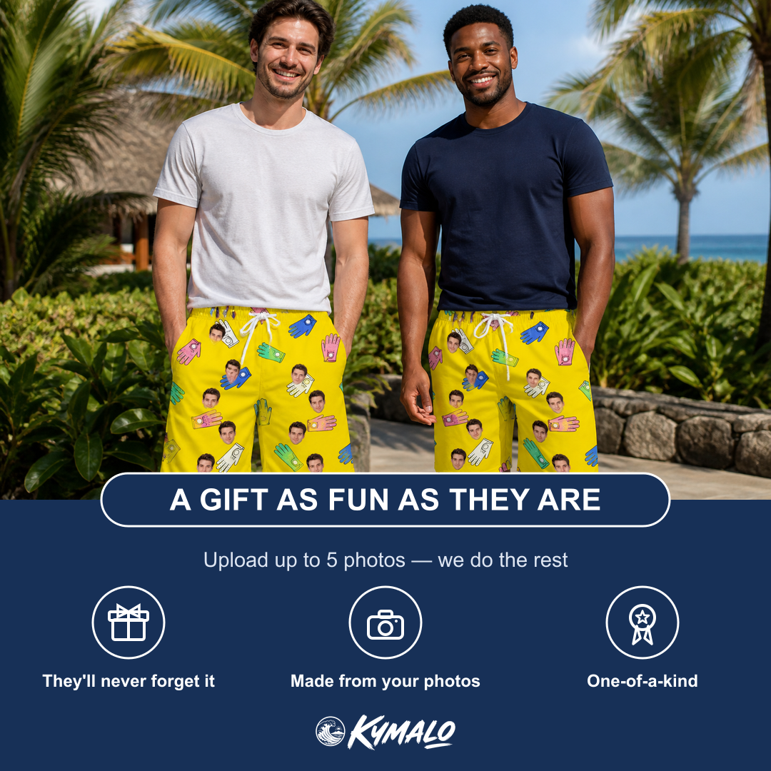 Friends in matching Men's Mighty Mitts Custom Face Beach Shorts — a group gift photo
