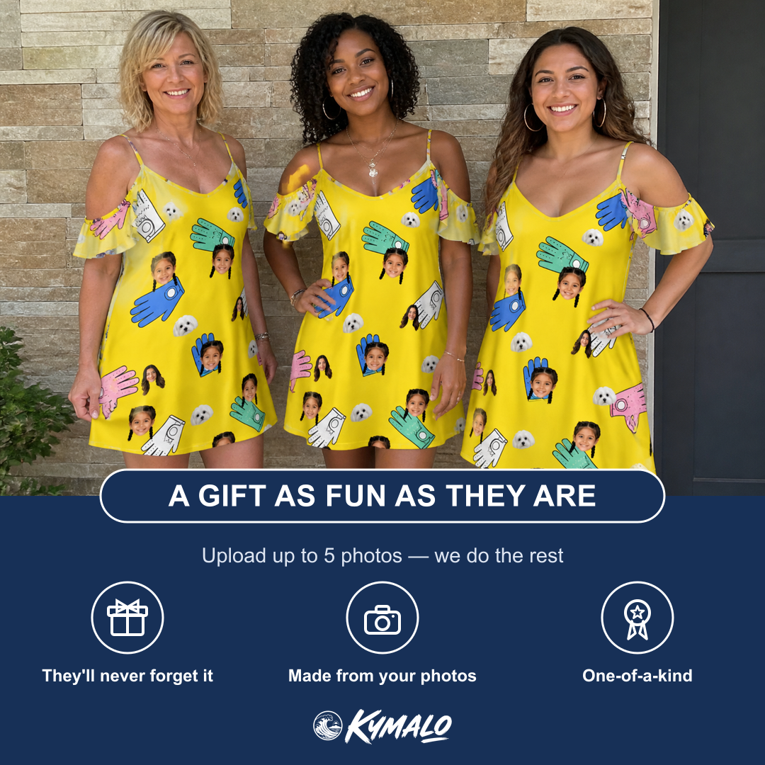 Friends in matching Women's Mighty Mitts Custom Face Off-Shoulder Dress — a group gift photo