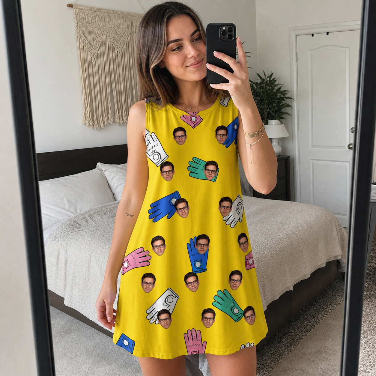 Real-life photo of someone wearing Women's Mighty Mitts Custom Face Tank Dress — custom faces printed all-over