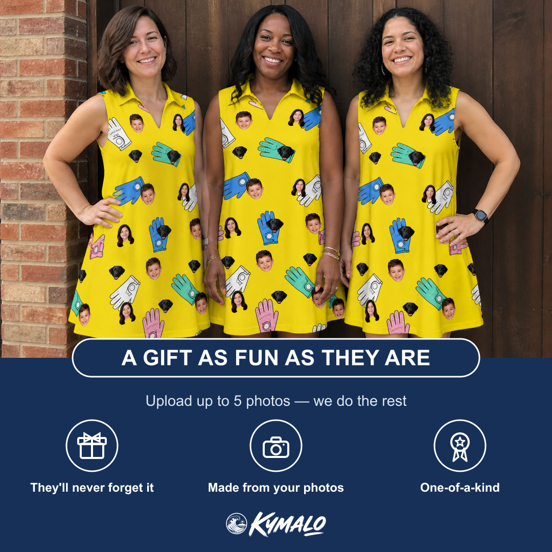 Friends in matching Women's Mighty Mitts Custom Face V-Neck Dress — a group gift photo