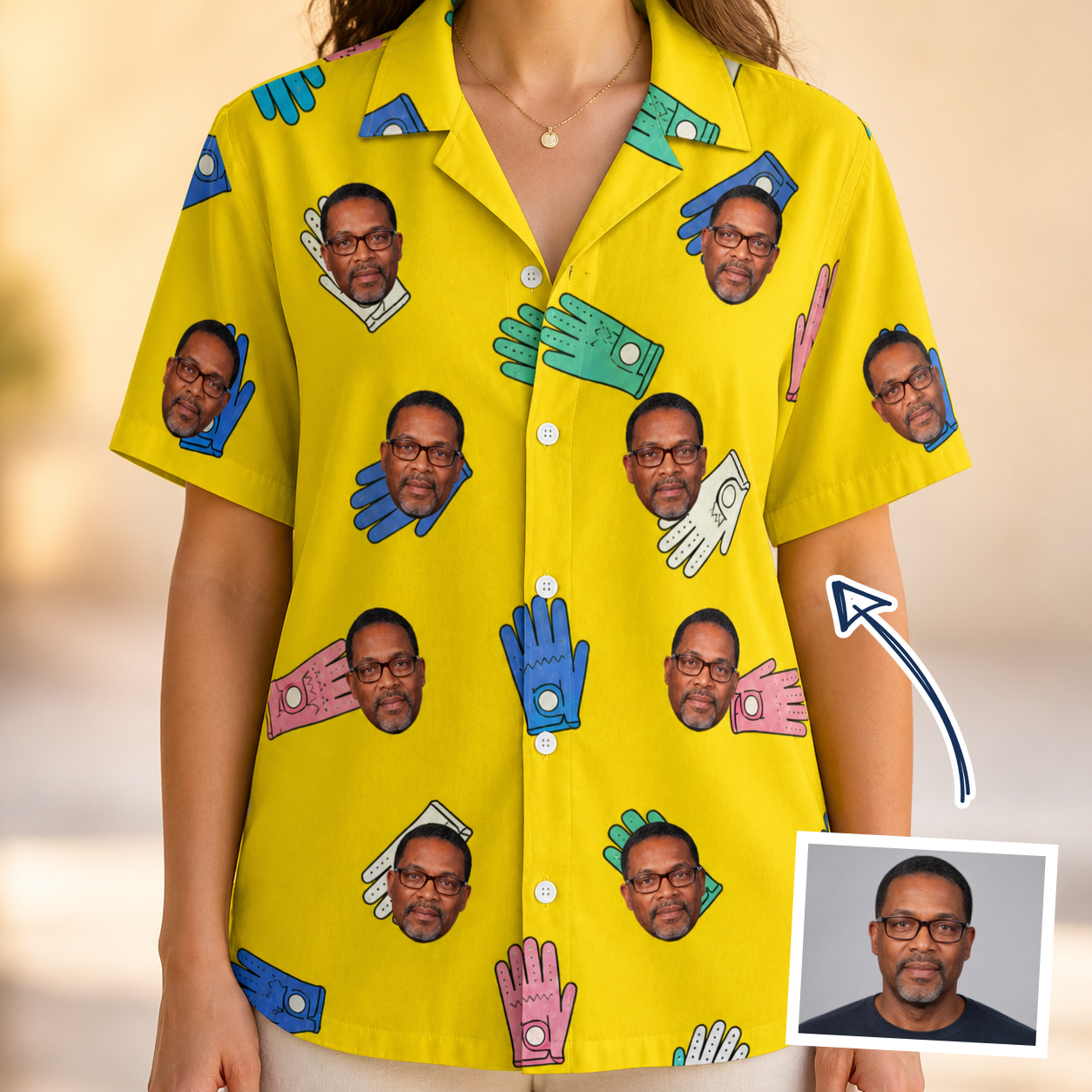 Woman wearing Women's Mighty Mitts Custom Face Hawaiian Shirt — custom faces printed all-over