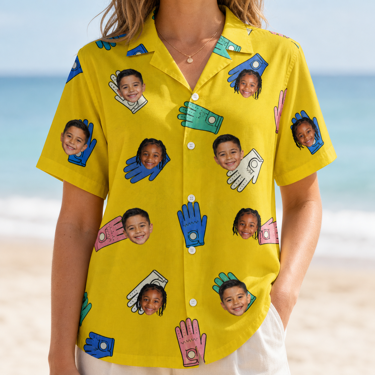 Model wearing Women's Mighty Mitts Custom Face Hawaiian Shirt printed with kids' faces
