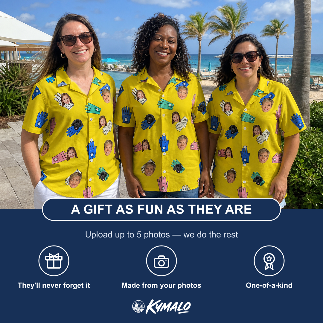 Friends in matching Women's Mighty Mitts Custom Face Hawaiian Shirt — a group gift photo