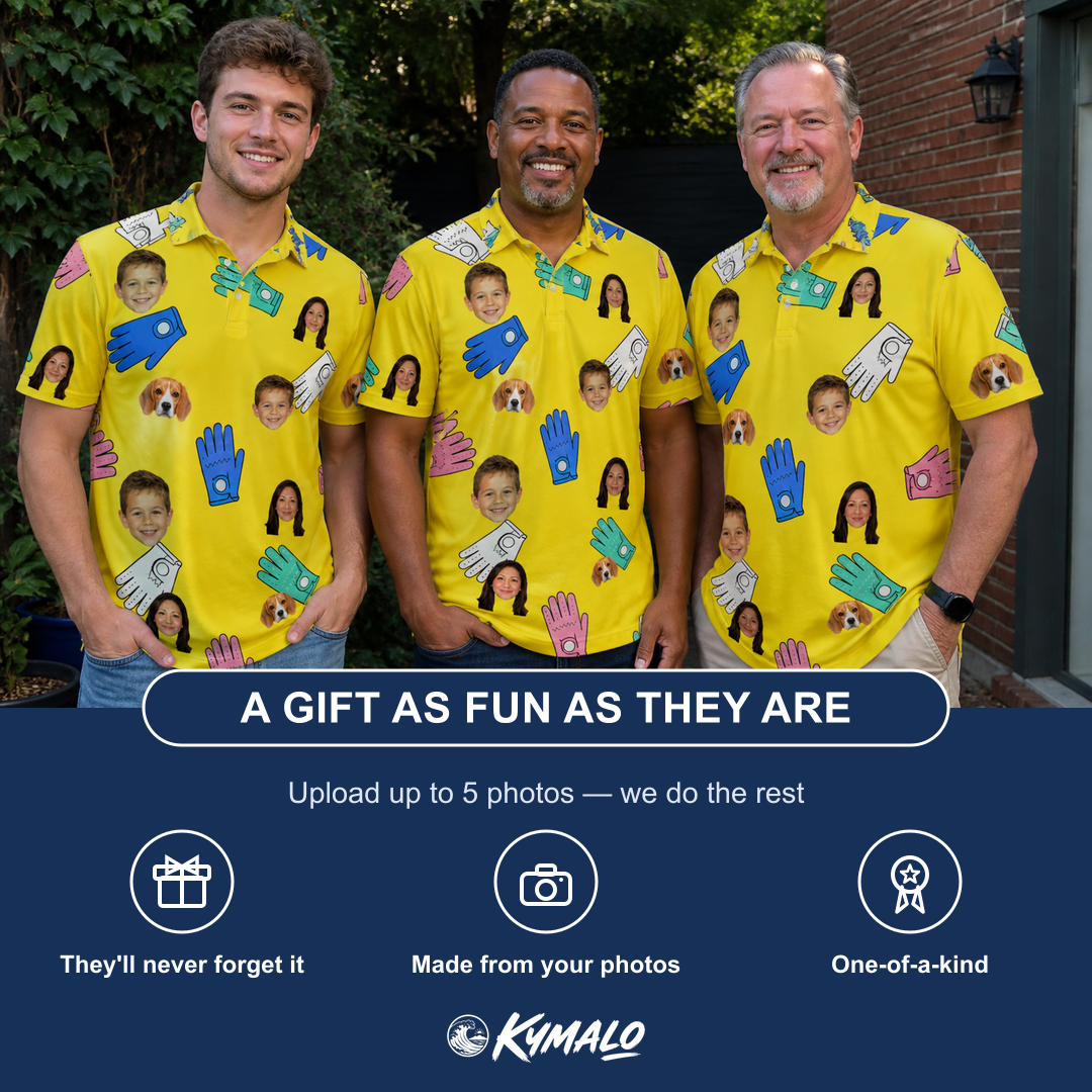Friends in matching Men's Mighty Mitts Custom Face Polo Shirt — a group gift photo