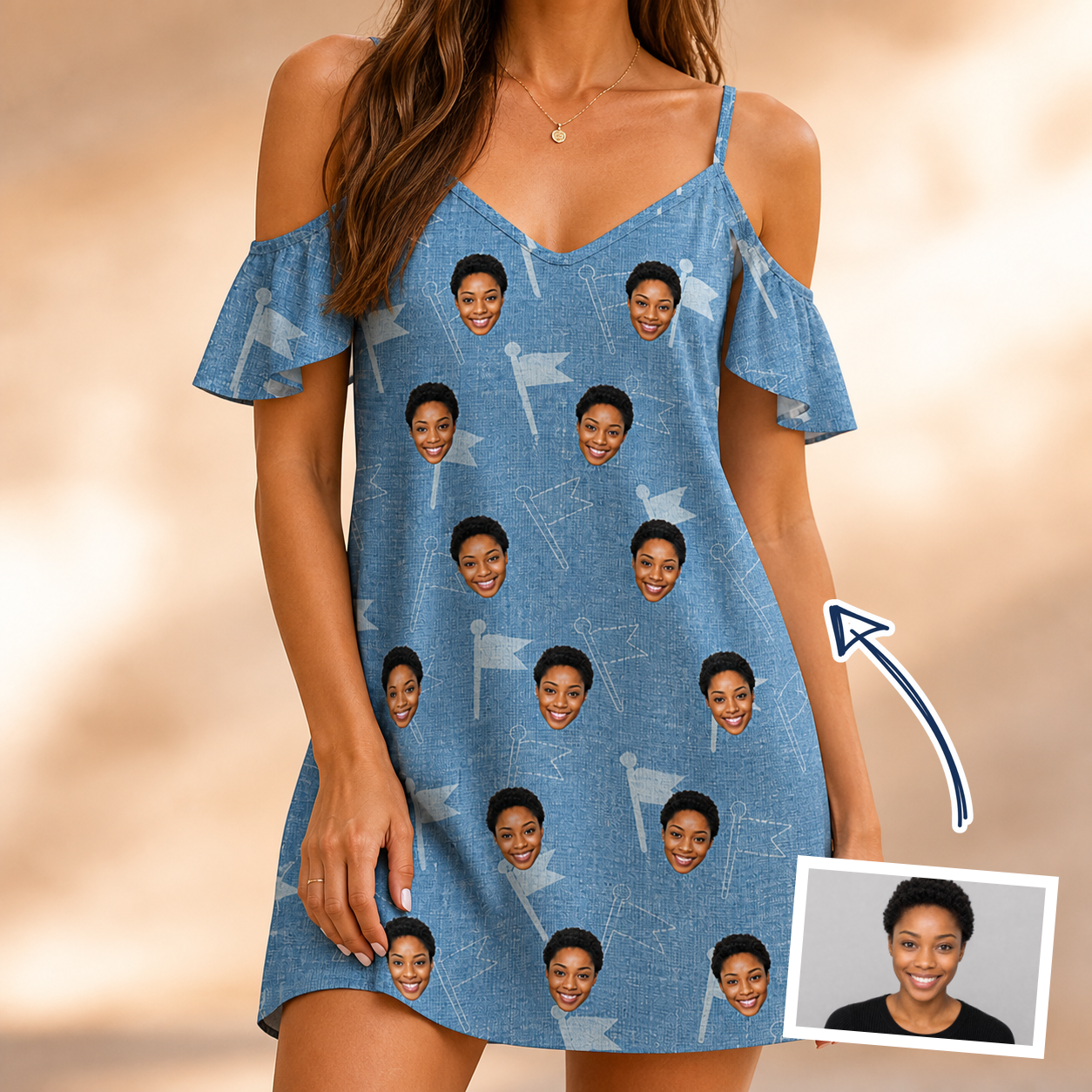 Woman wearing Women's Bunker Badges Custom Face Off-Shoulder Dress — custom faces printed all-over