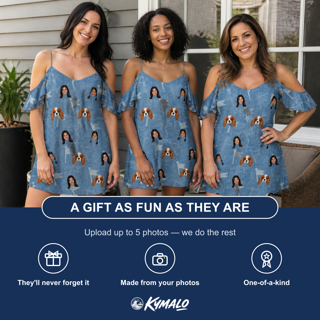Friends in matching Women's Bunker Badges Custom Face Off-Shoulder Dress — a group gift photo