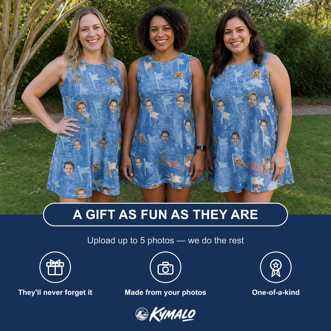 Friends in matching Women's Bunker Badges Custom Face Tank Dress — a group gift photo