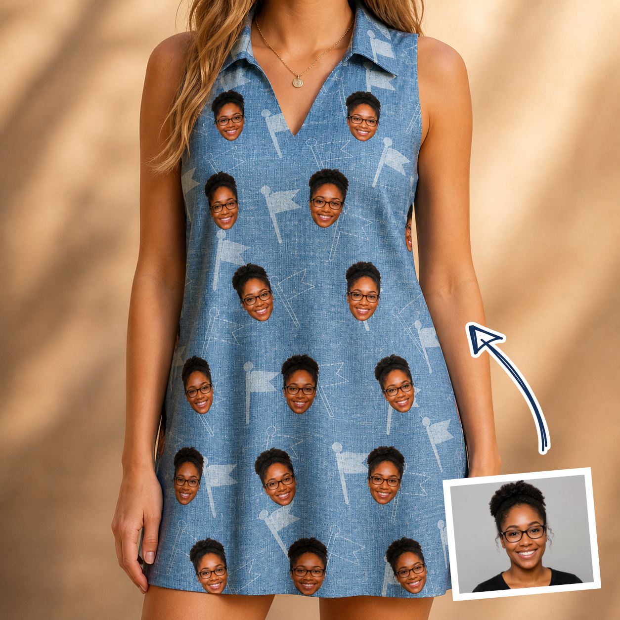 Woman wearing Women's Bunker Badges Custom Face V-Neck Dress — custom faces printed all-over