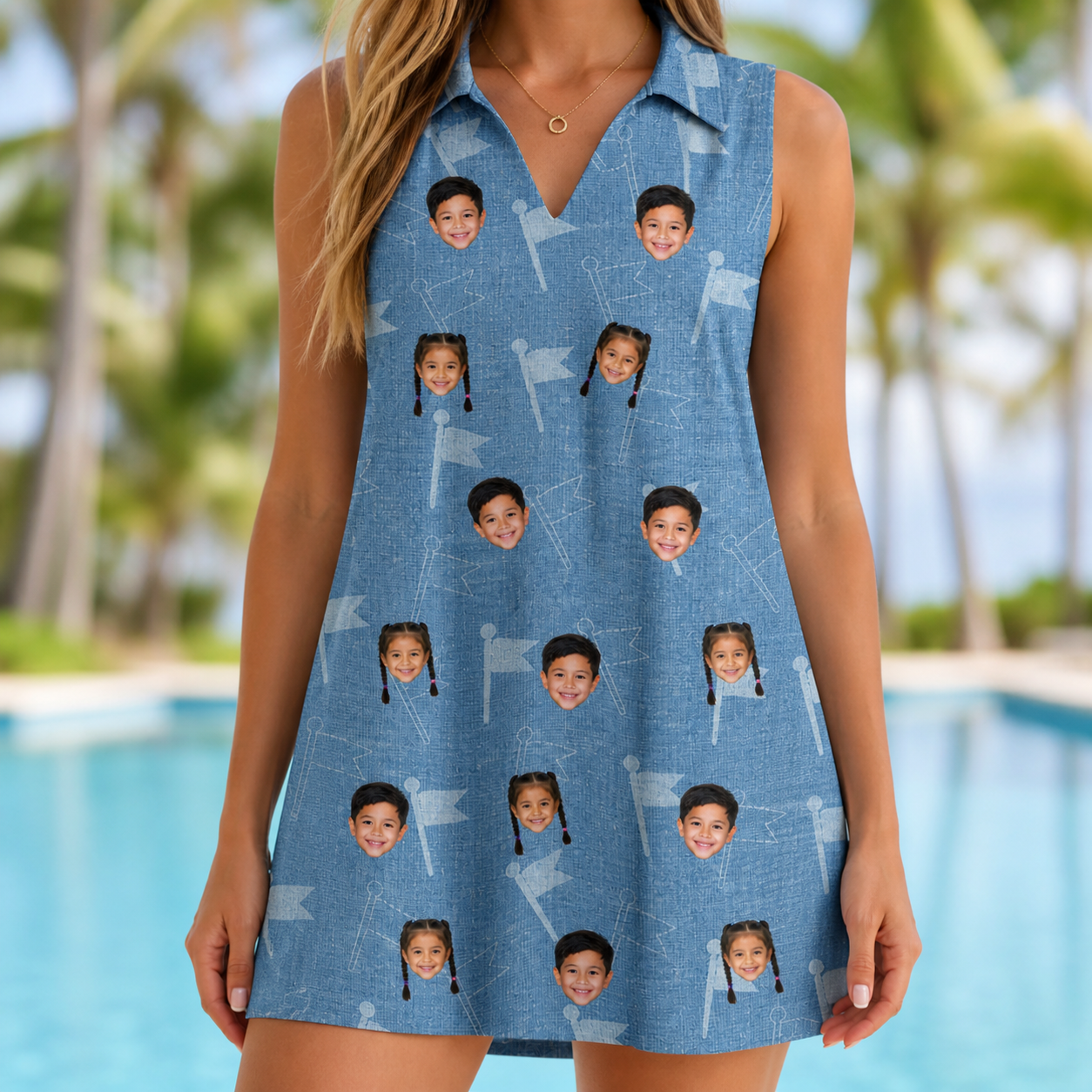 Model wearing Women's Bunker Badges Custom Face V-Neck Dress printed with kids' faces