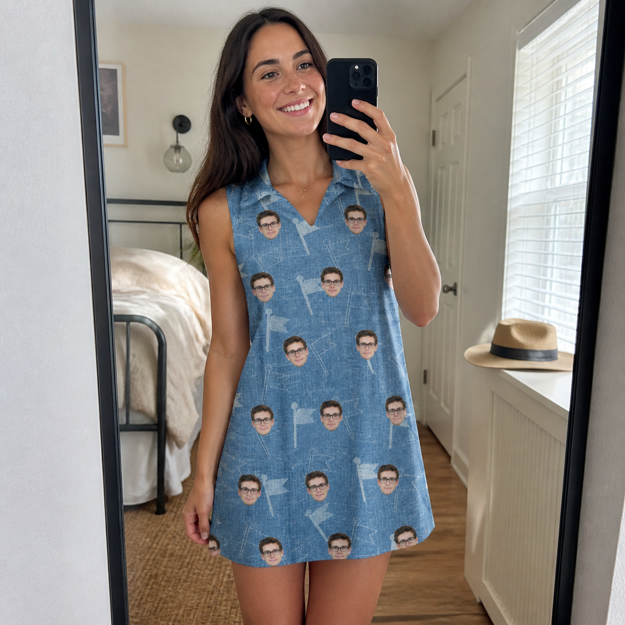 Real-life photo of someone wearing Women's Bunker Badges Custom Face V-Neck Dress — custom faces printed all-over
