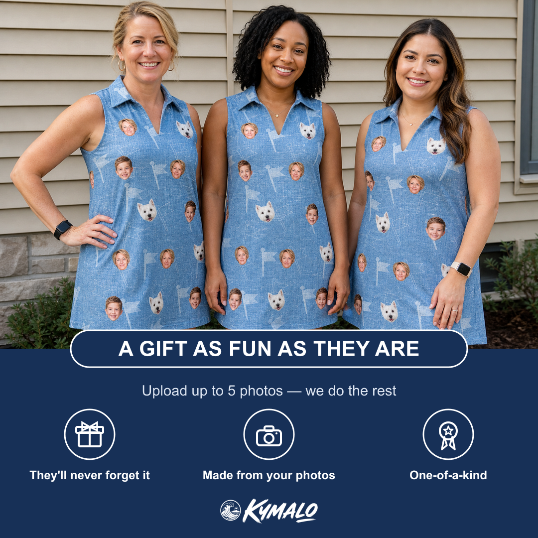 Friends in matching Women's Bunker Badges Custom Face V-Neck Dress — a group gift photo