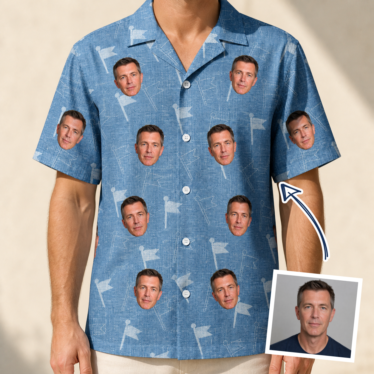 Man wearing Men's Bunker Badges Custom Face Hawaiian Shirt — custom faces printed all-over