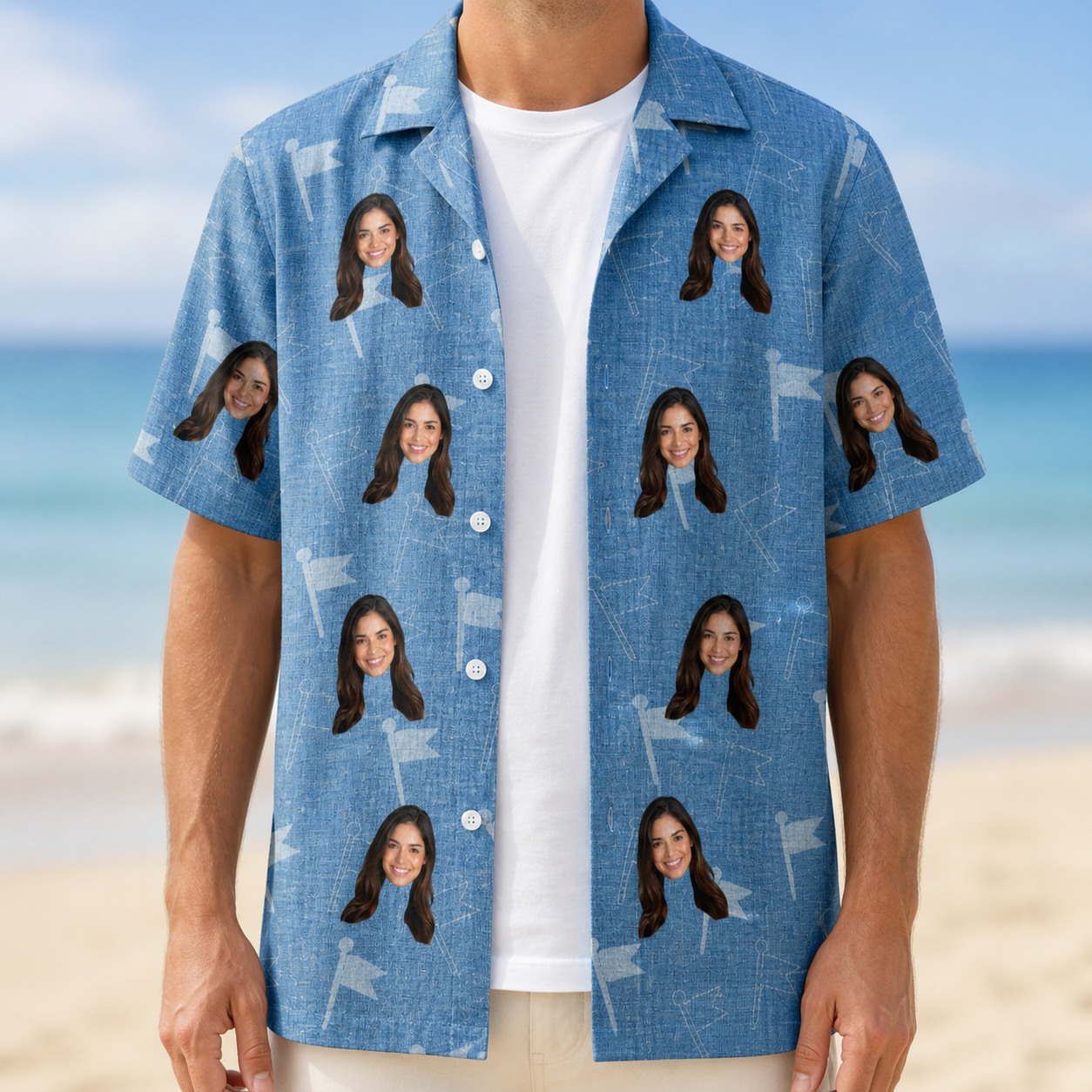 Man wearing Men's Bunker Badges Custom Face Hawaiian Shirt open over a white tee