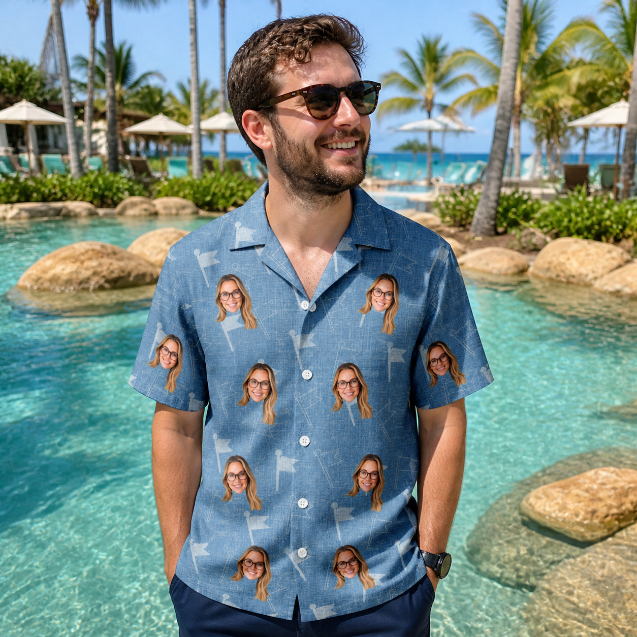 Real-life photo of someone wearing Men's Bunker Badges Custom Face Hawaiian Shirt — custom faces printed all-over